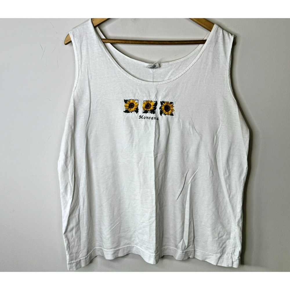 Vintage 80s Embroidered Sunflower Tank Top Cottagecore Graphic Montana L